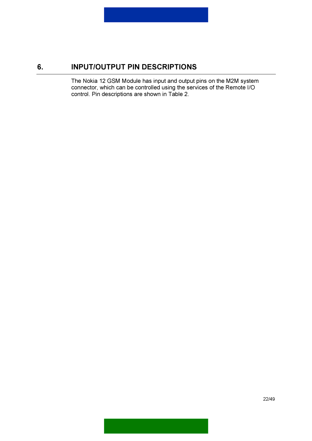 Nokia 12 GSM MODULE REMOTE I/O manual INPUT/OUTPUT PIN Descriptions 