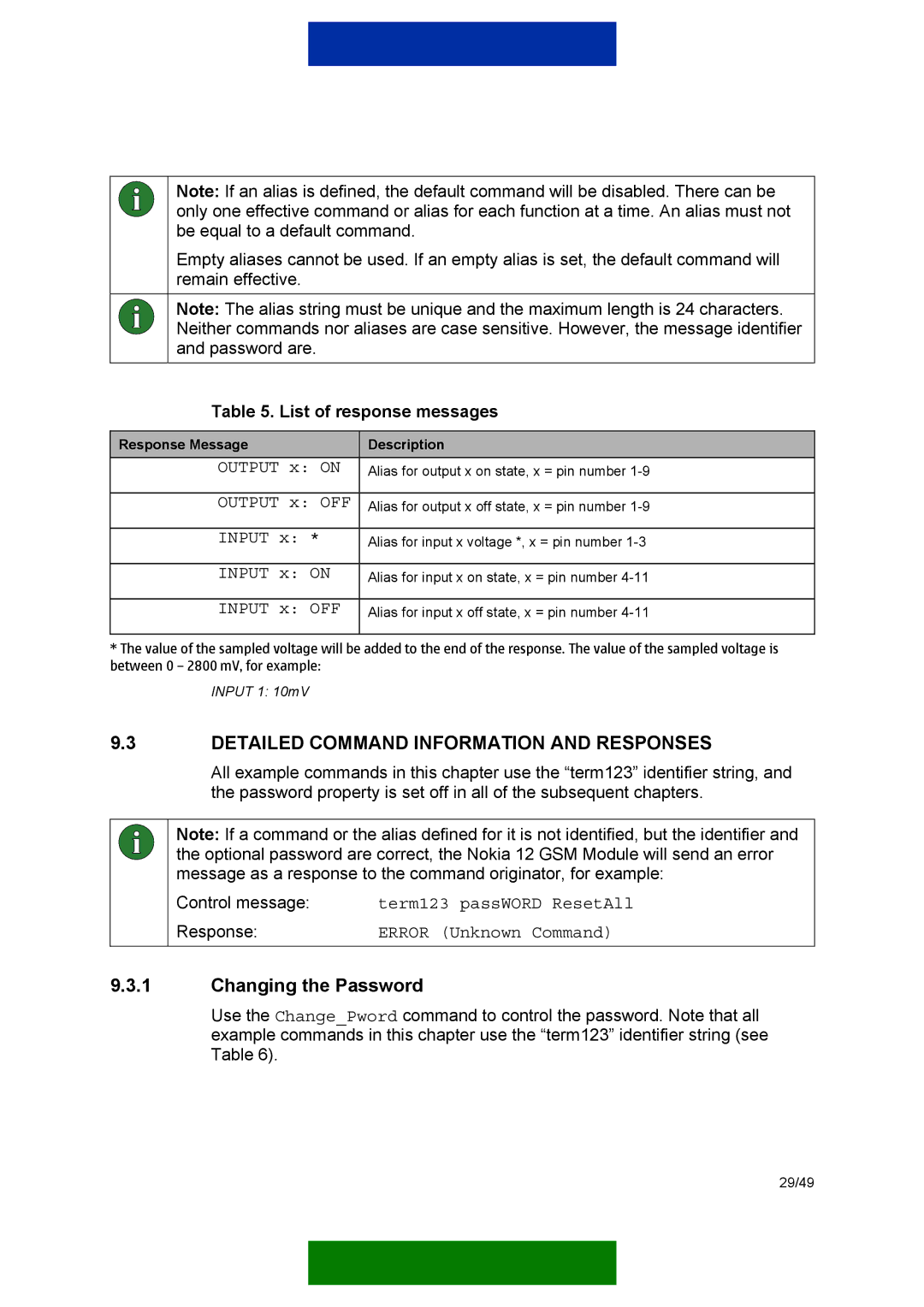 Nokia 12 GSM MODULE REMOTE I/O manual Detailed Command Information and Responses, Changing the Password 