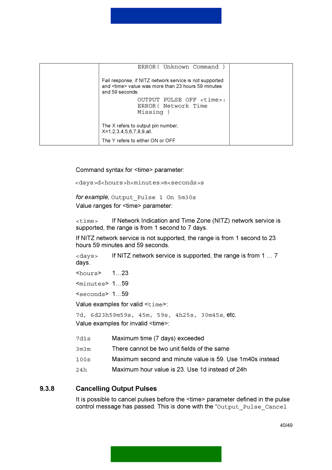 Nokia 12 GSM MODULE REMOTE I/O manual Cancelling Output Pulses, Output Pulse OFF time Error Network Time Missing 