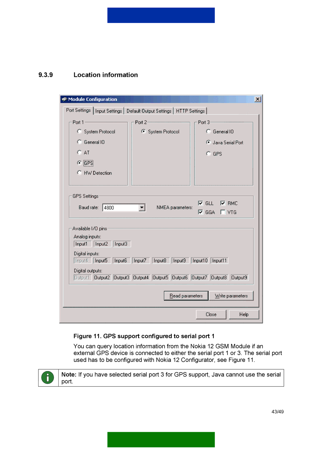 Nokia 12 GSM MODULE REMOTE I/O manual Location information, GPS support configured to serial port 