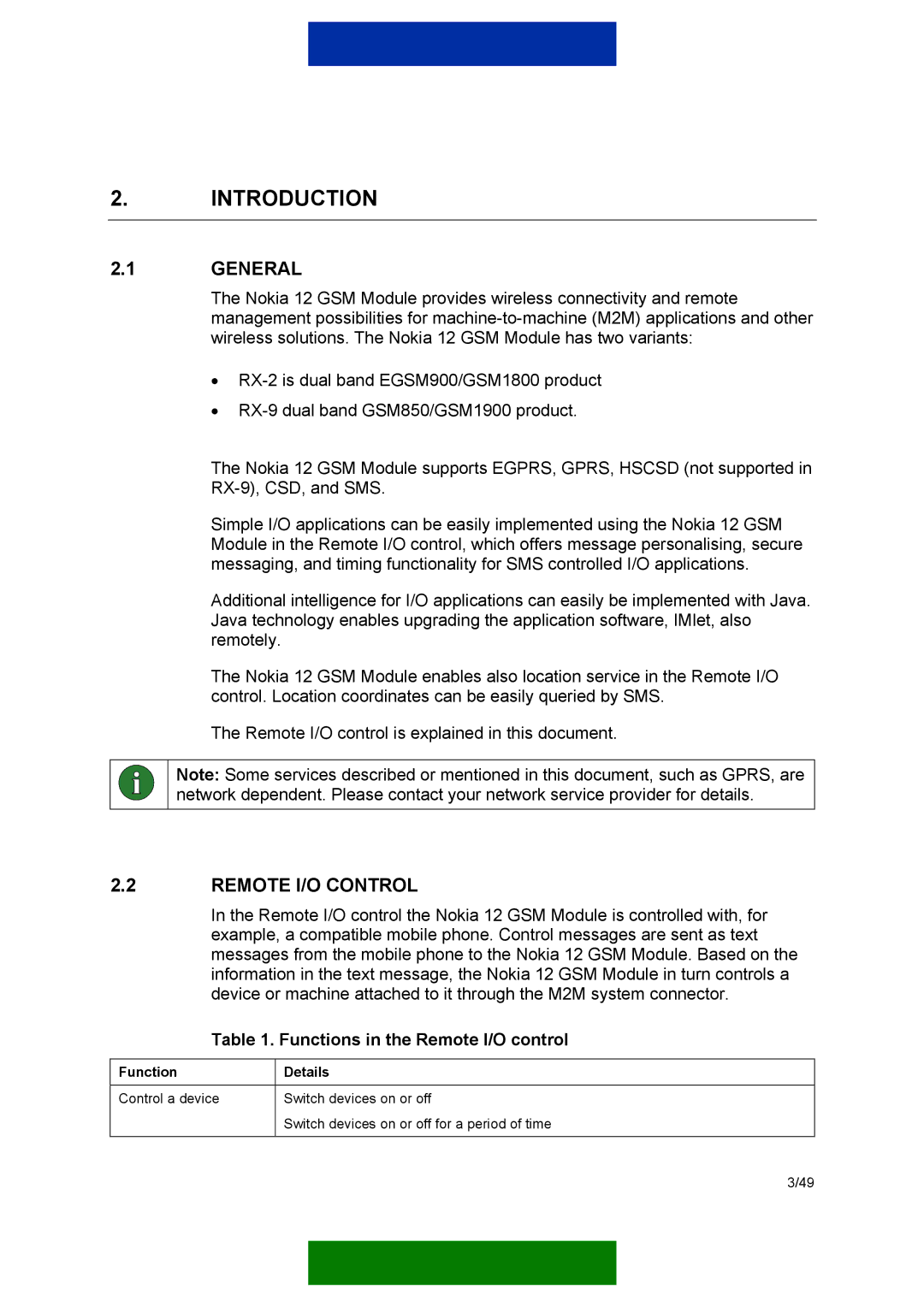 Nokia 12 GSM MODULE REMOTE I/O manual Introduction, General, Remote I/O Control, Functions in the Remote I/O control 