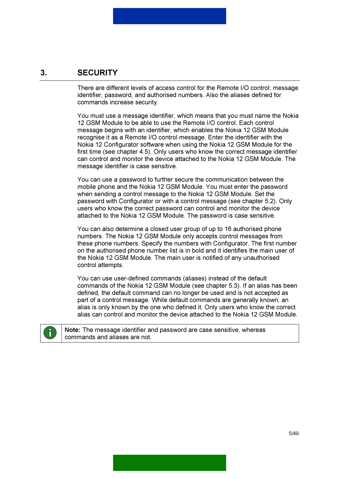 Nokia 12 GSM MODULE REMOTE I/O manual Security 