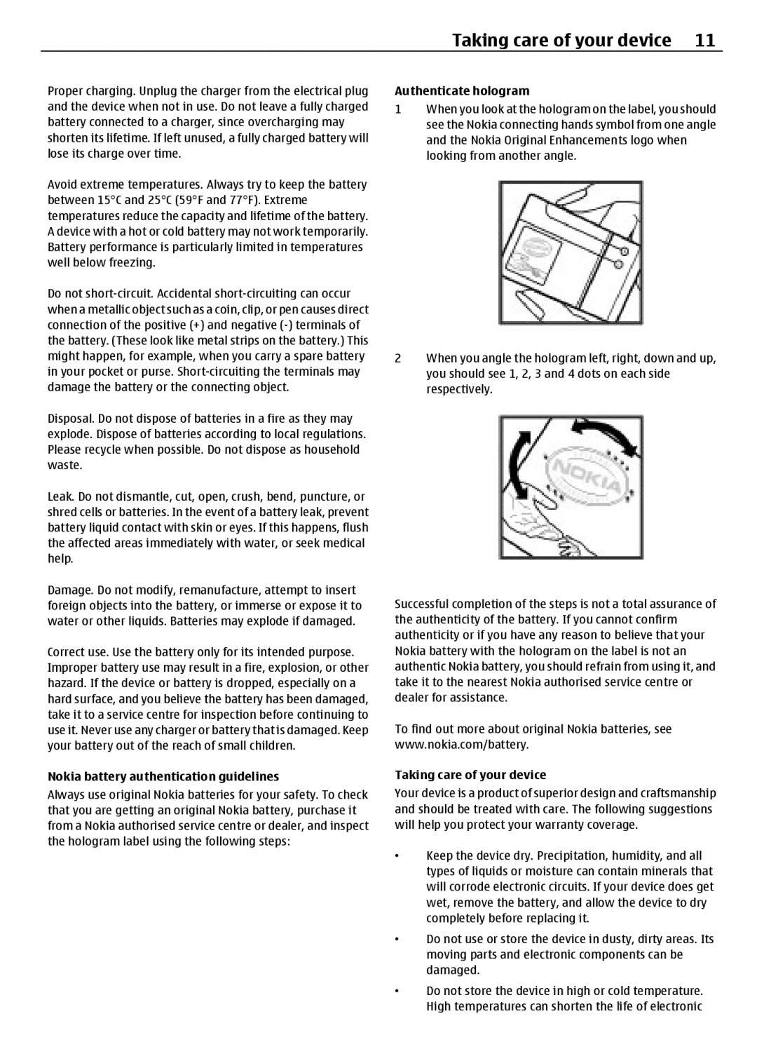 Nokia 1202, 1203 manual Taking care of your device, Nokia battery authentication guidelines, Authenticate hologram 