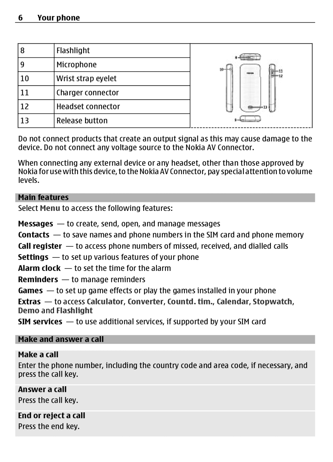 Nokia 1203, 1202 manual Main features, Make and answer a call Make a call, Answer a call, End or reject a call 