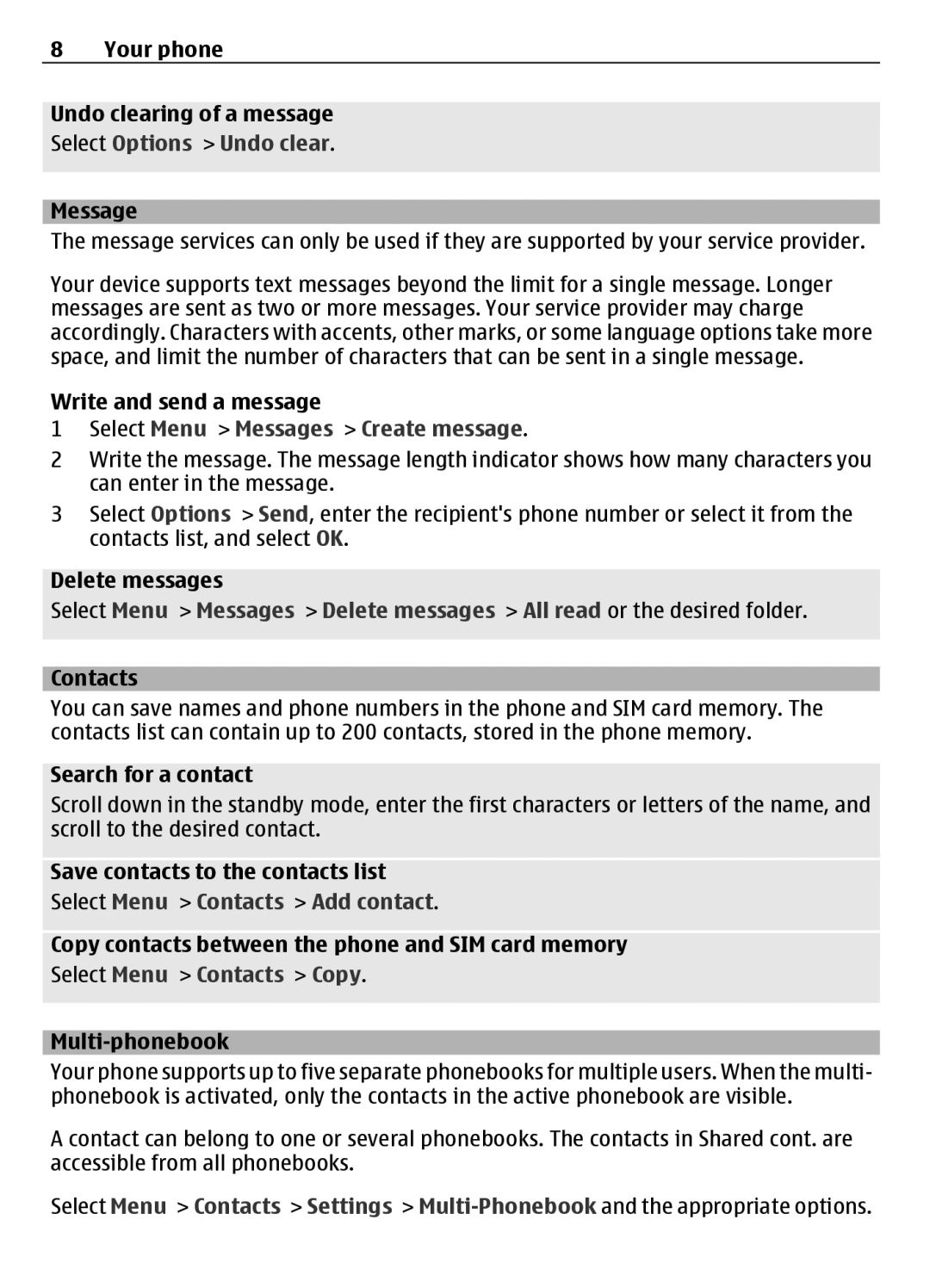 Nokia 1203, 1202 manual Select Options Undo clear, Select Menu Messages Create message, Select Menu Contacts Add contact 