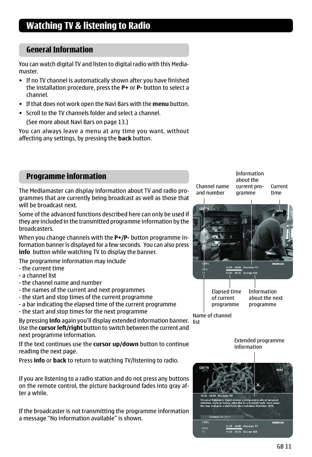 Nokia 121 T manual Watching TV & listening to Radio, Programme information 