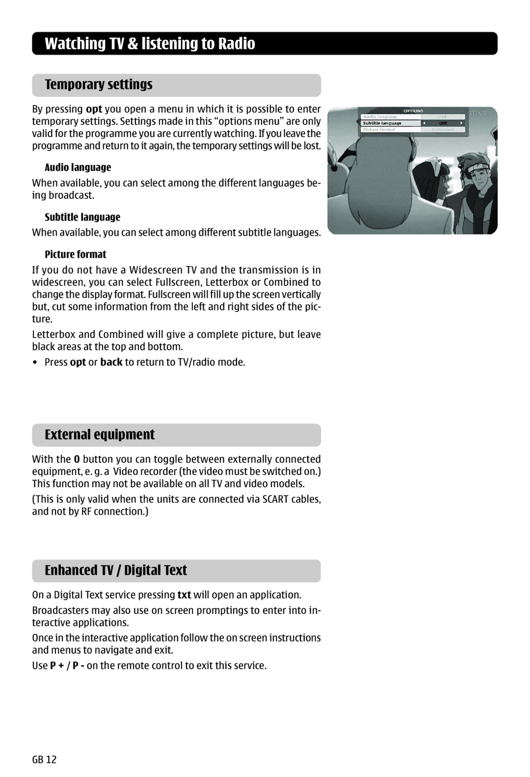 Nokia 121 T manual Temporary settings, External equipment, Enhanced TV / Digital Text 