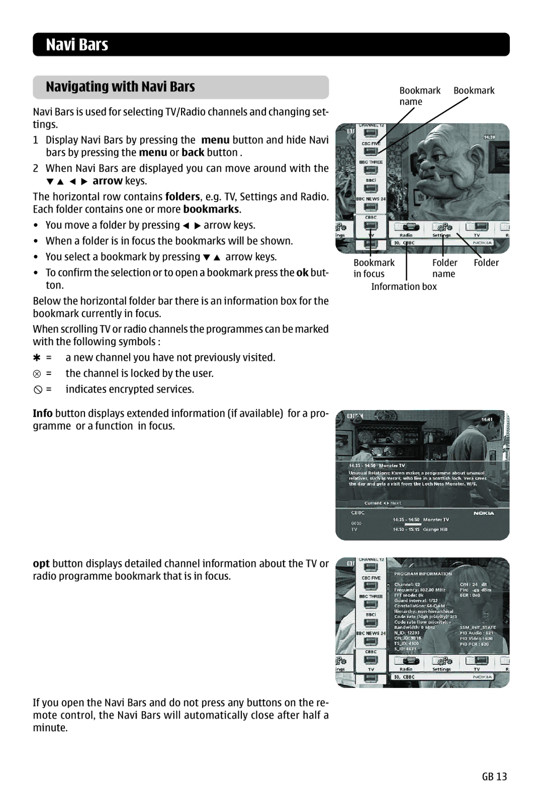 Nokia 121 T manual Navigating with Navi Bars, Arrow keys 