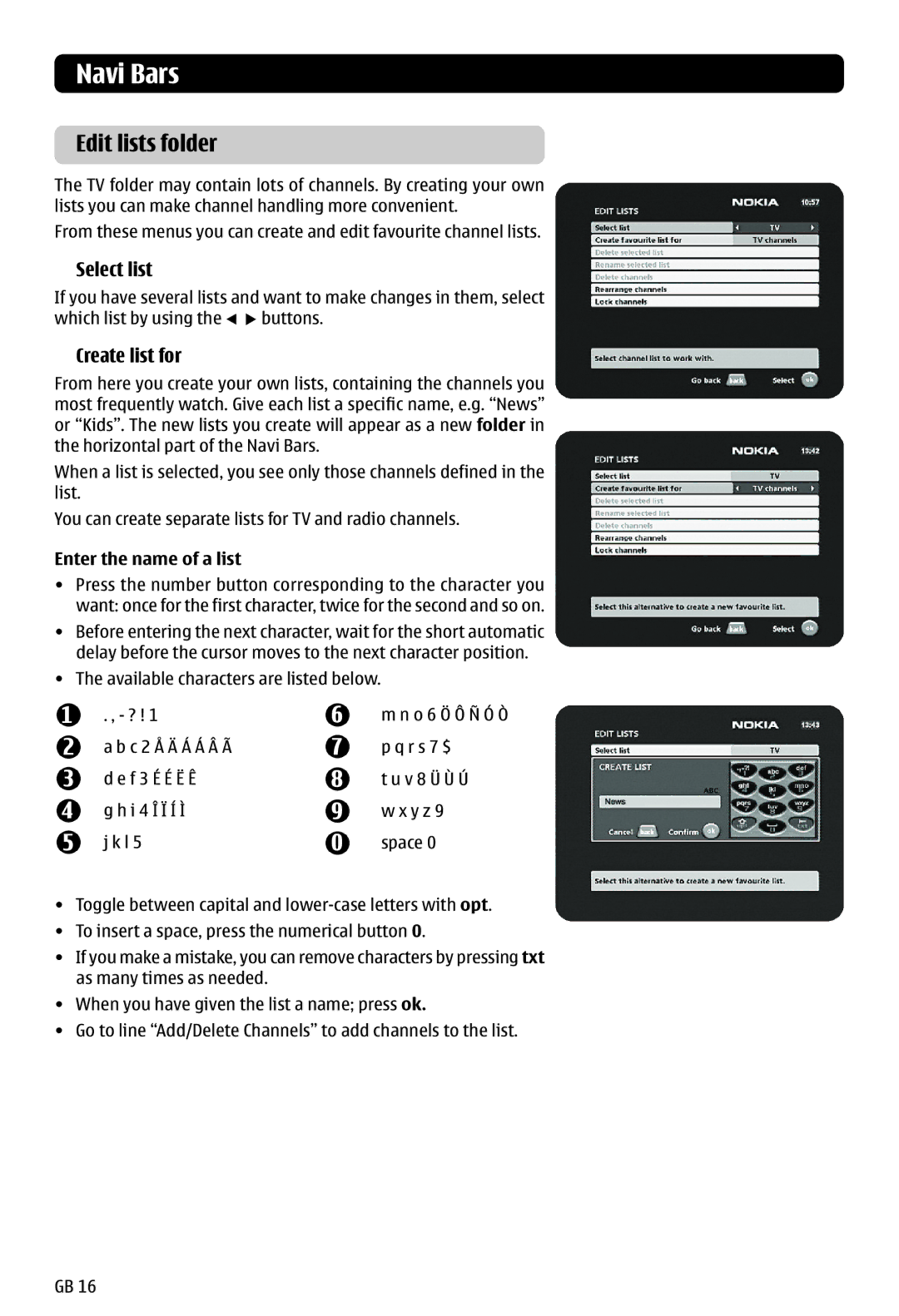 Nokia 121 T manual Edit lists folder, Select list, Create list for, Enter the name of a list 