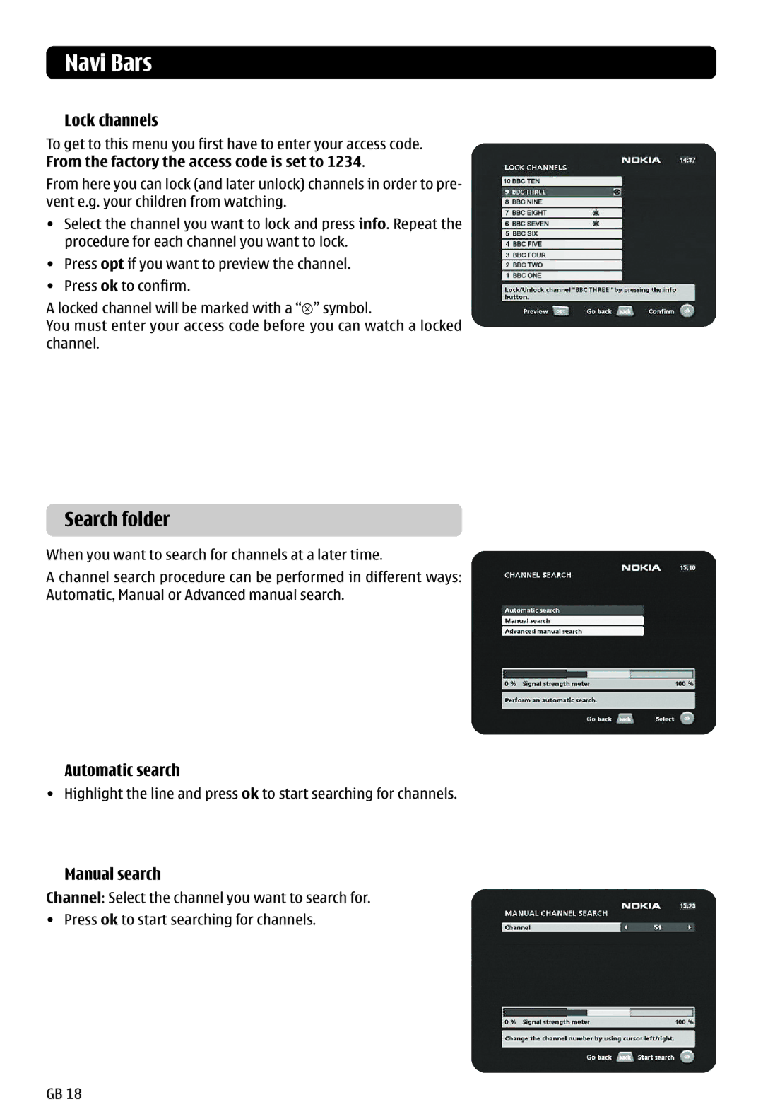 Nokia 121 T manual Search folder, Lock channels, Automatic search, Manual search 