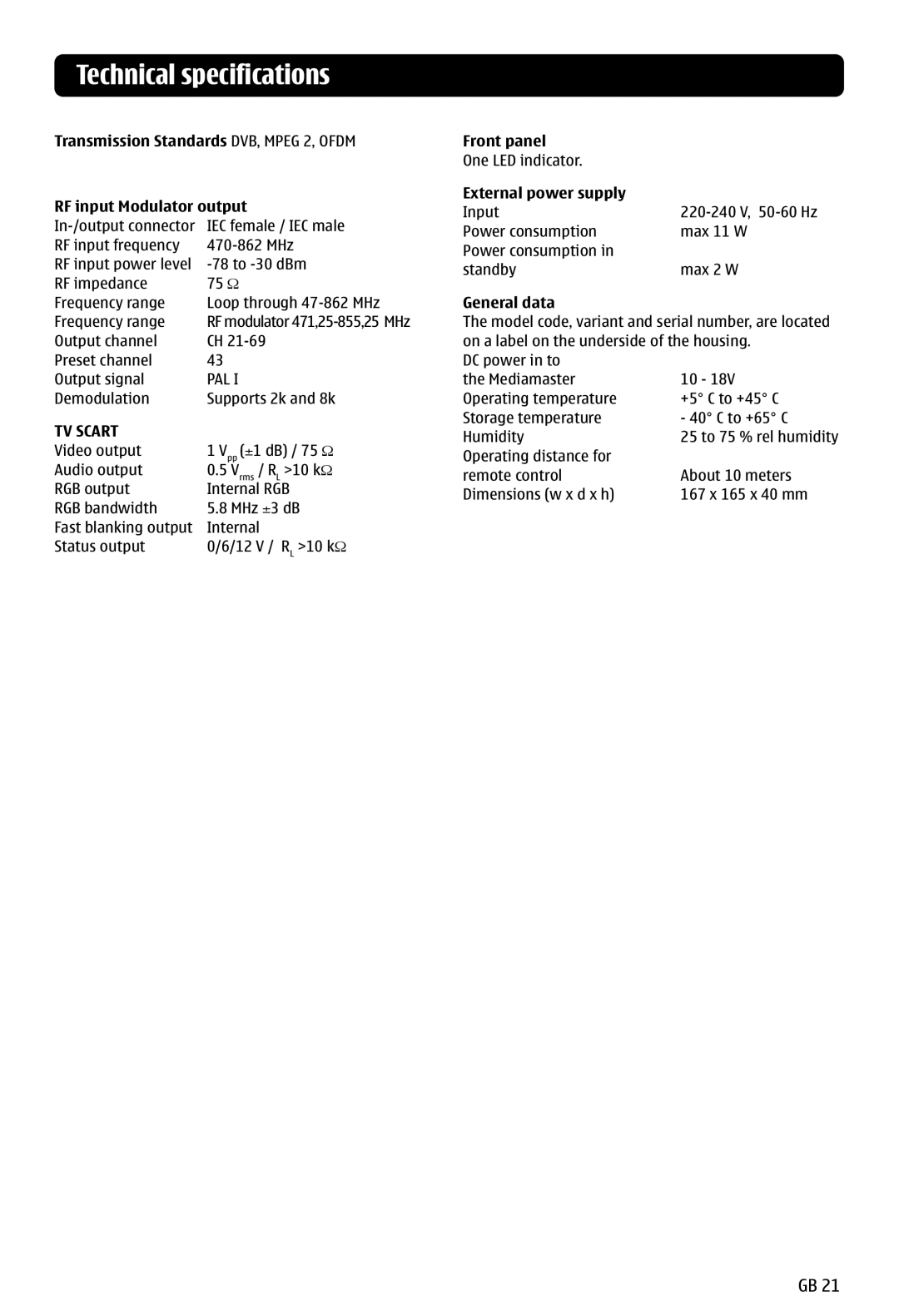 Nokia 121 T manual Technical specifications, General data 