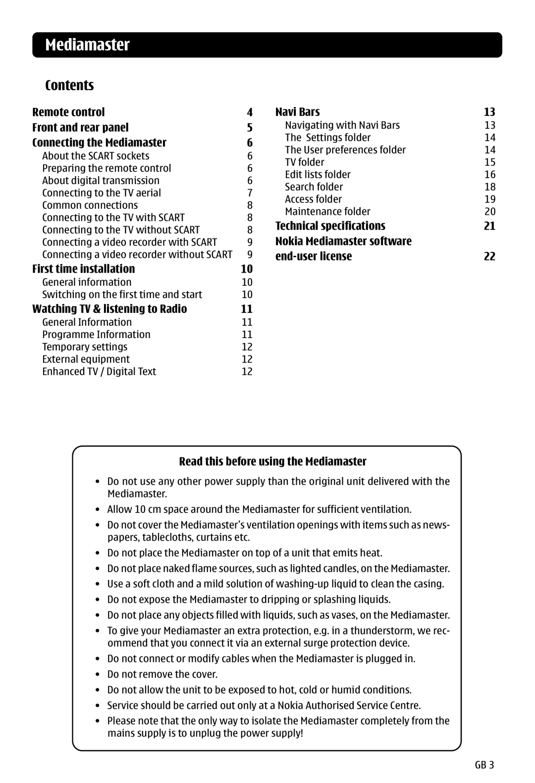 Nokia 121 T manual Mediamaster, Contents 