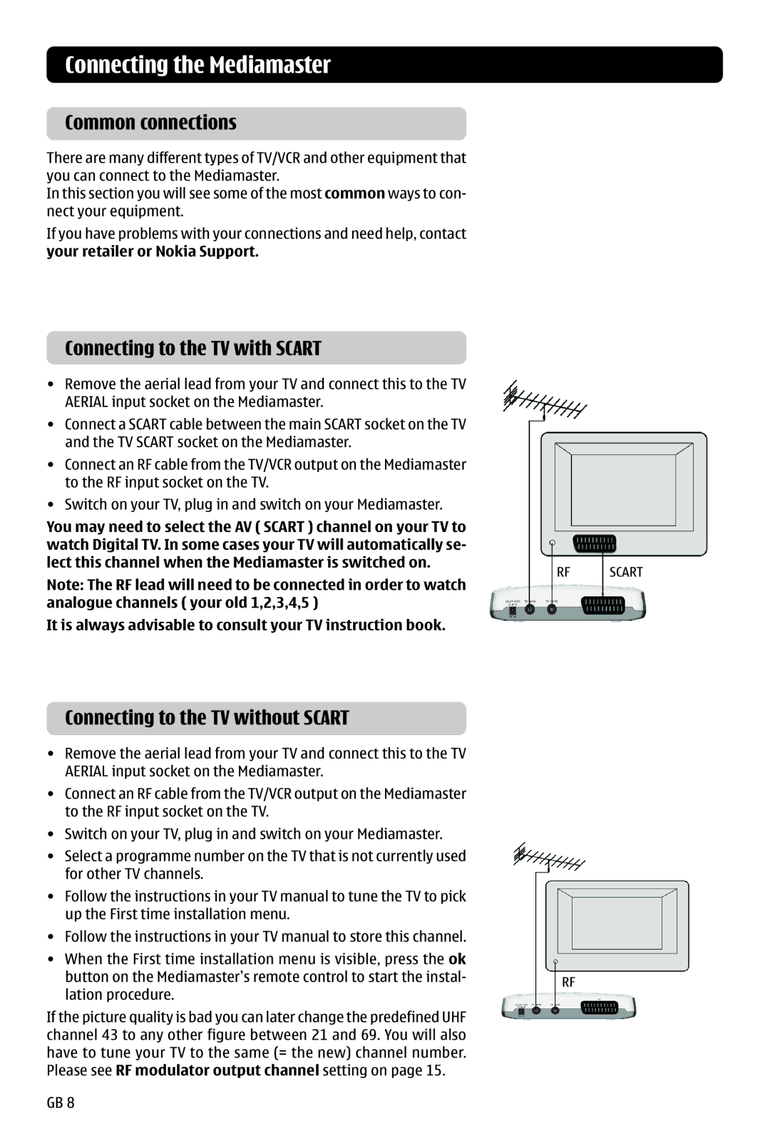 Nokia 121 T manual Common connections, Connecting to the TV with Scart, Connecting to the TV without Scart 