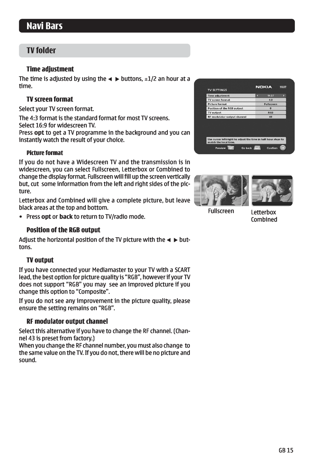 Nokia 121 T manual TV folder, Navi Bars, Time adjustment, TV screen format, Position of the RGB output, TV output 
