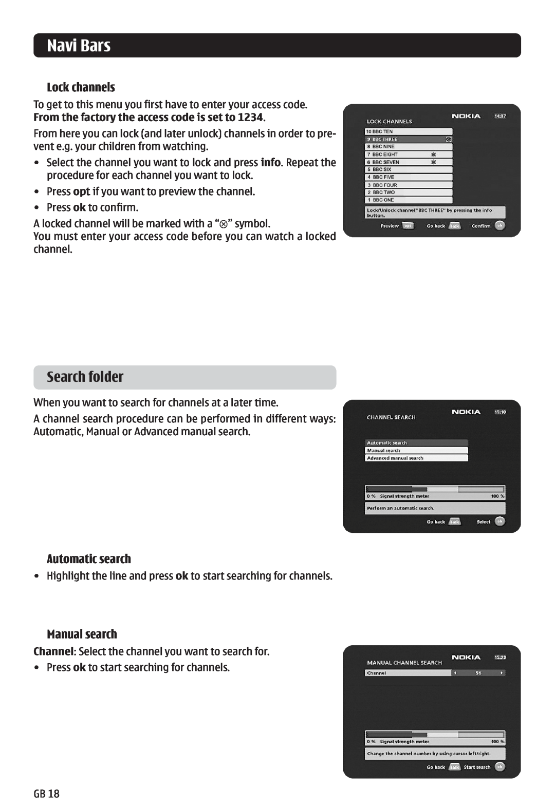 Nokia 121 T manual Search folder, Navi Bars, Lock channels, Automatic search, Manual search 