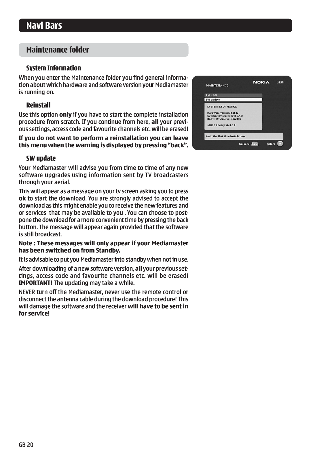 Nokia 121 T manual Maintenance folder, Navi Bars, System Information, Reinstall, SW update 