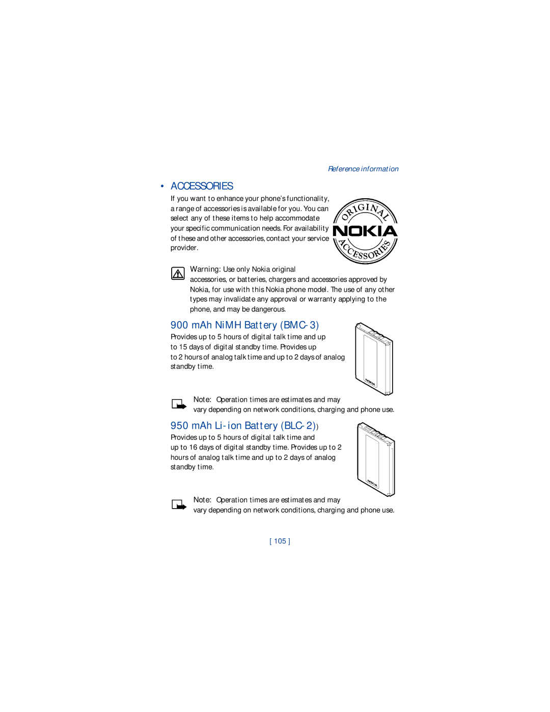 Nokia 1220 manual Accessories, MAh NiMH Battery BMC-3, MAh Li-ion Battery BLC-2 