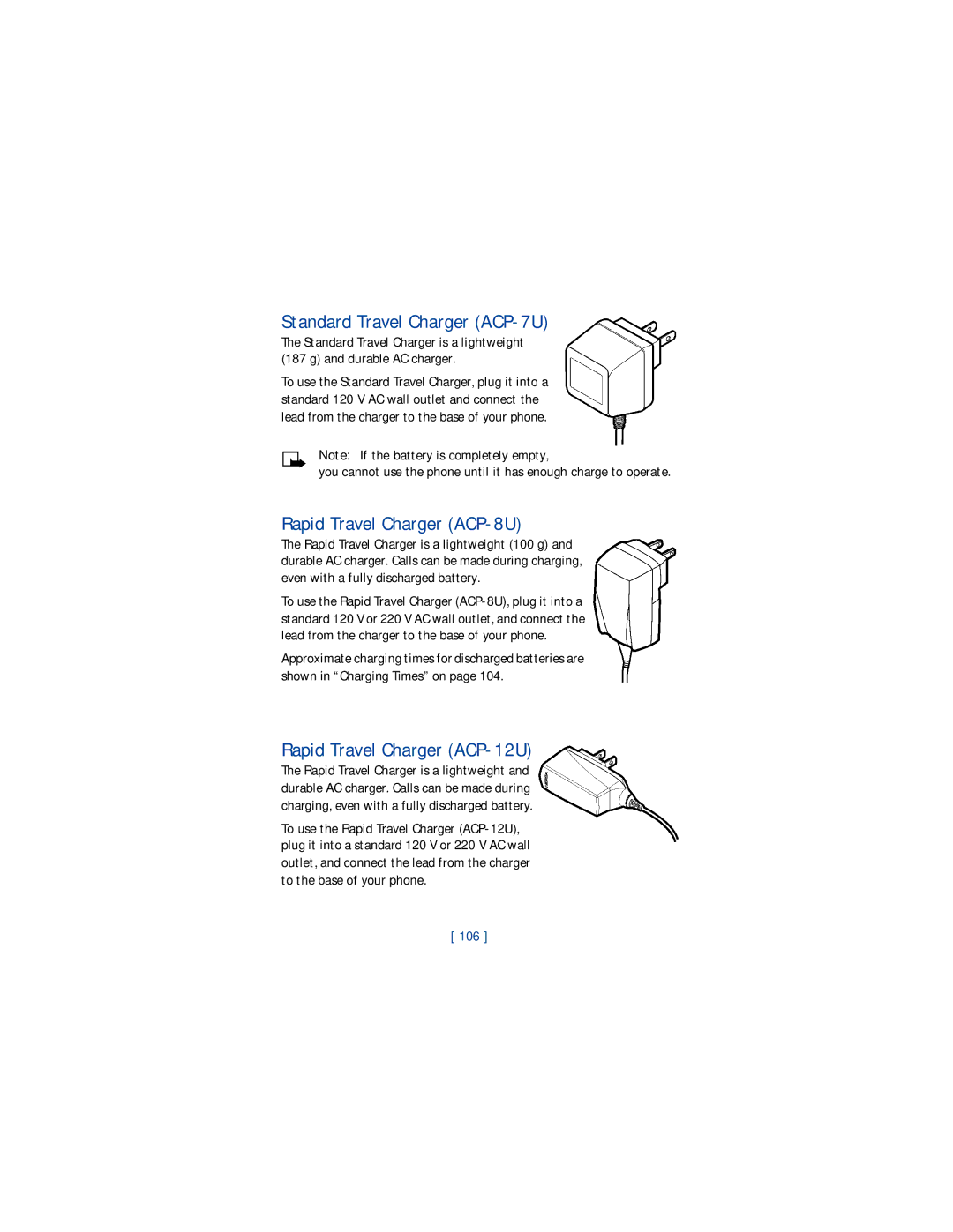 Nokia 1220 manual Standard Travel Charger ACP-7U, Rapid Travel Charger ACP-8U, Rapid Travel Charger ACP-12U 