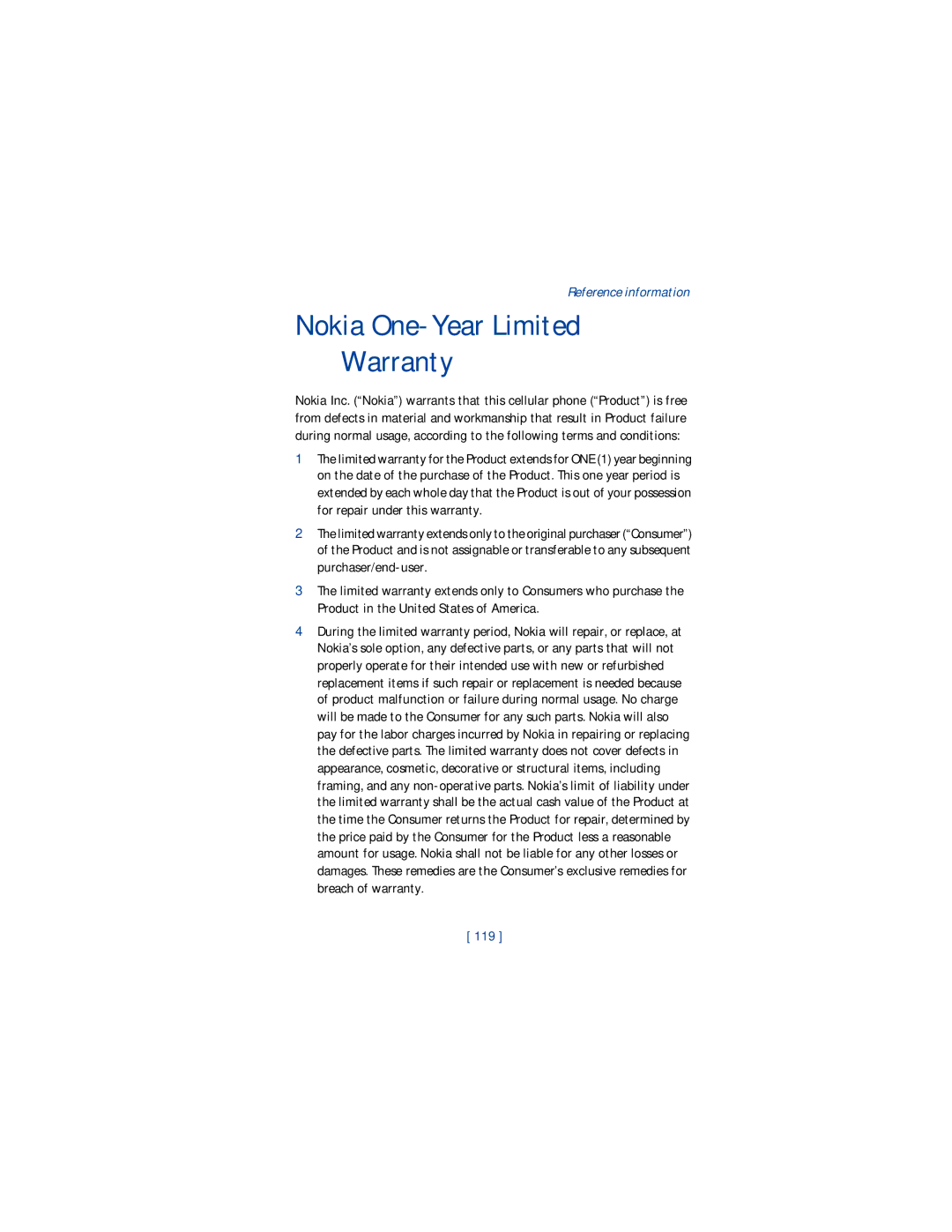 Nokia 1220 manual Nokia One-Year Limited Warranty, 119 