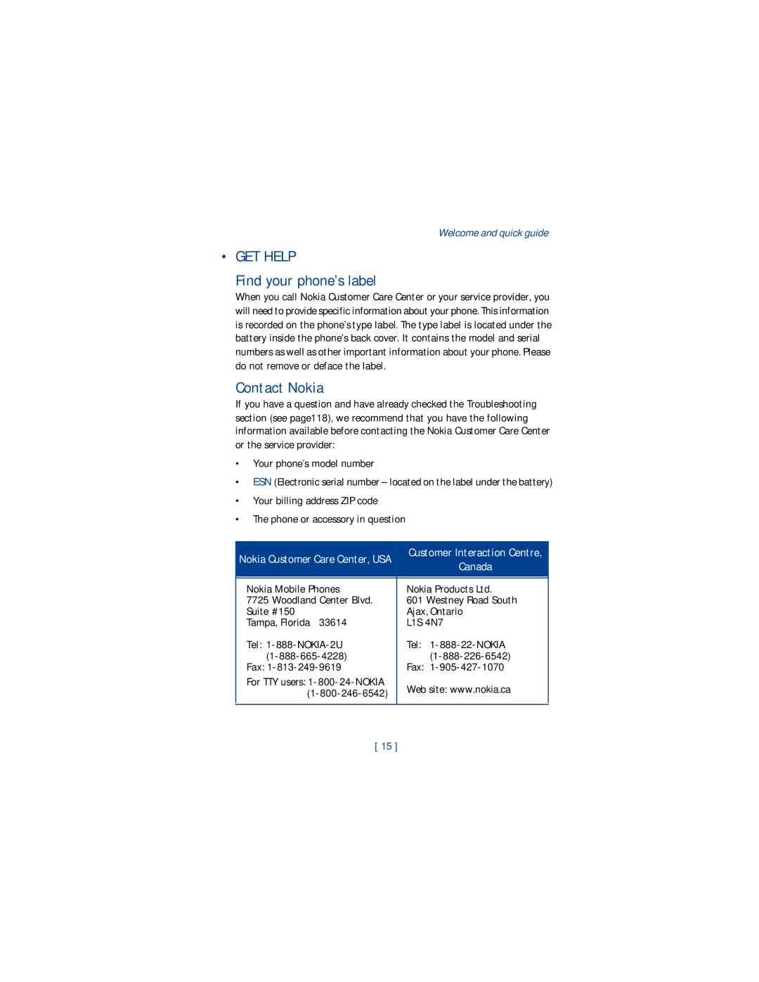 Nokia 1220 manual GET Help, Find your phone’s label, Contact Nokia, Fax 