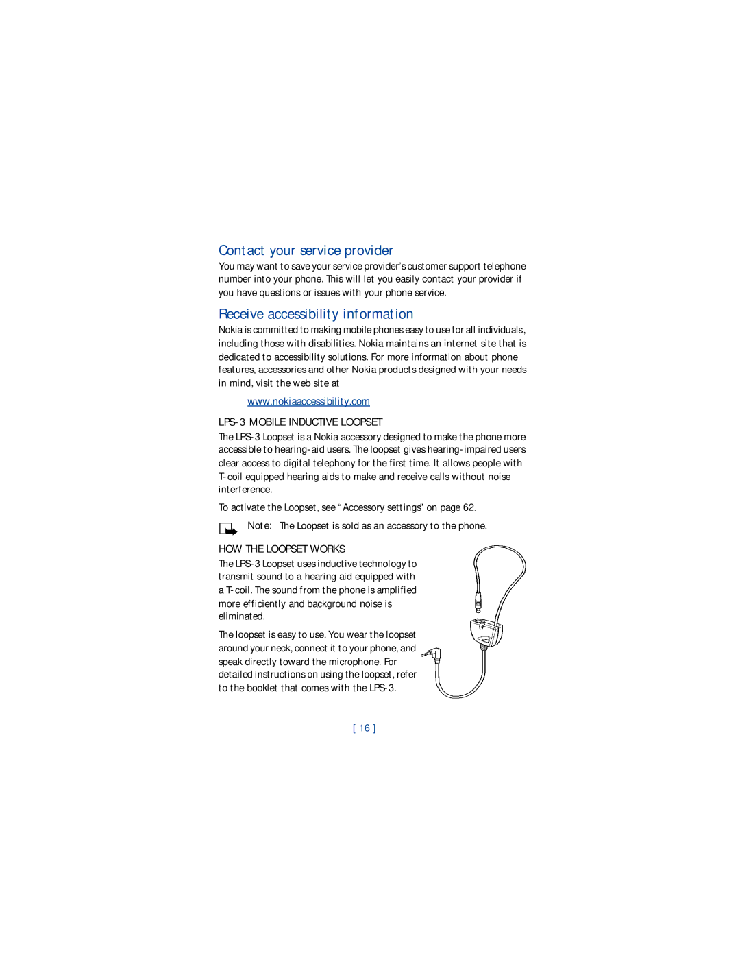 Nokia 1220 manual Contact your service provider, Receive accessibility information, LPS-3 Mobile Inductive Loopset 