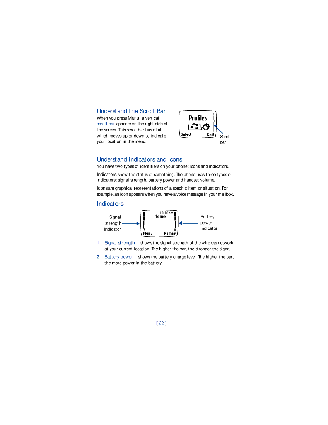 Nokia 1220 manual Understand the Scroll Bar, Understand indicators and icons, Indicators 