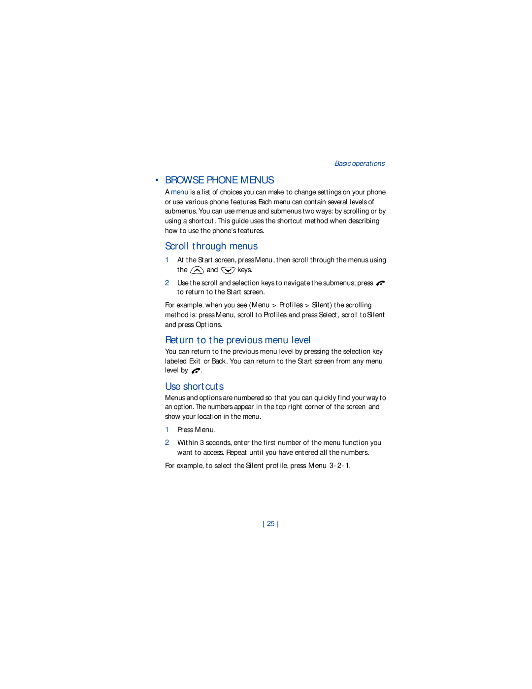 Nokia 1220 manual Browse Phone Menus, Scroll through menus, Return to the previous menu level, Use shortcuts 