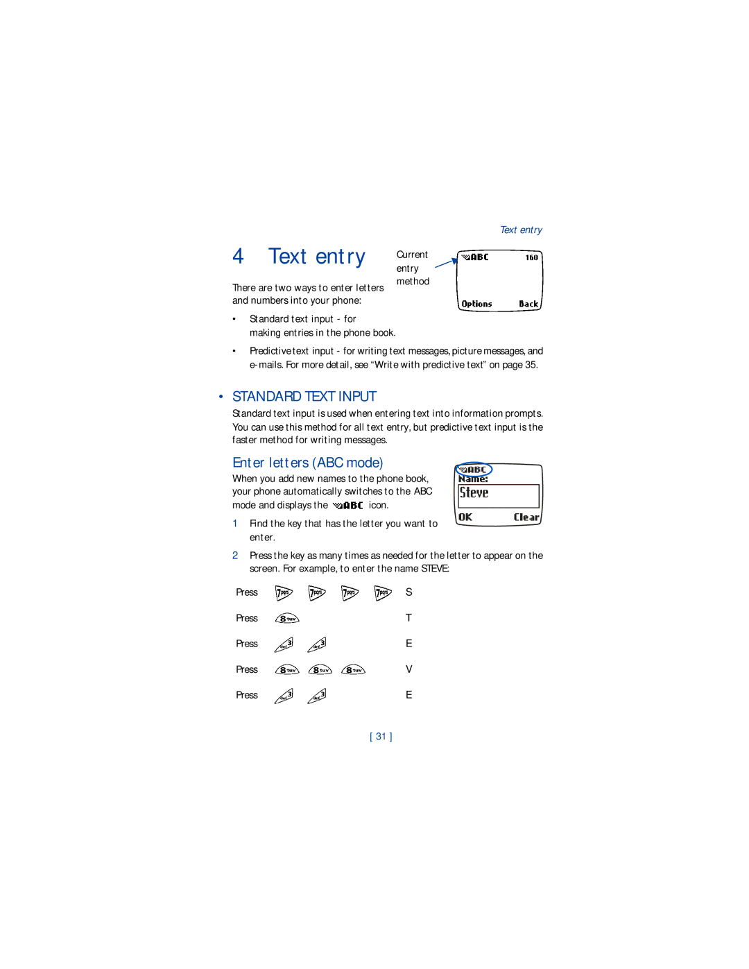 Nokia 1220 manual Text entry, Standard Text Input, Enter letters ABC mode, Entry 