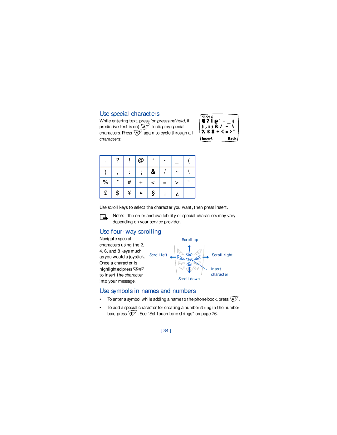 Nokia 1220 manual Use special characters, Use four-way scrolling, Use symbols in names and numbers 