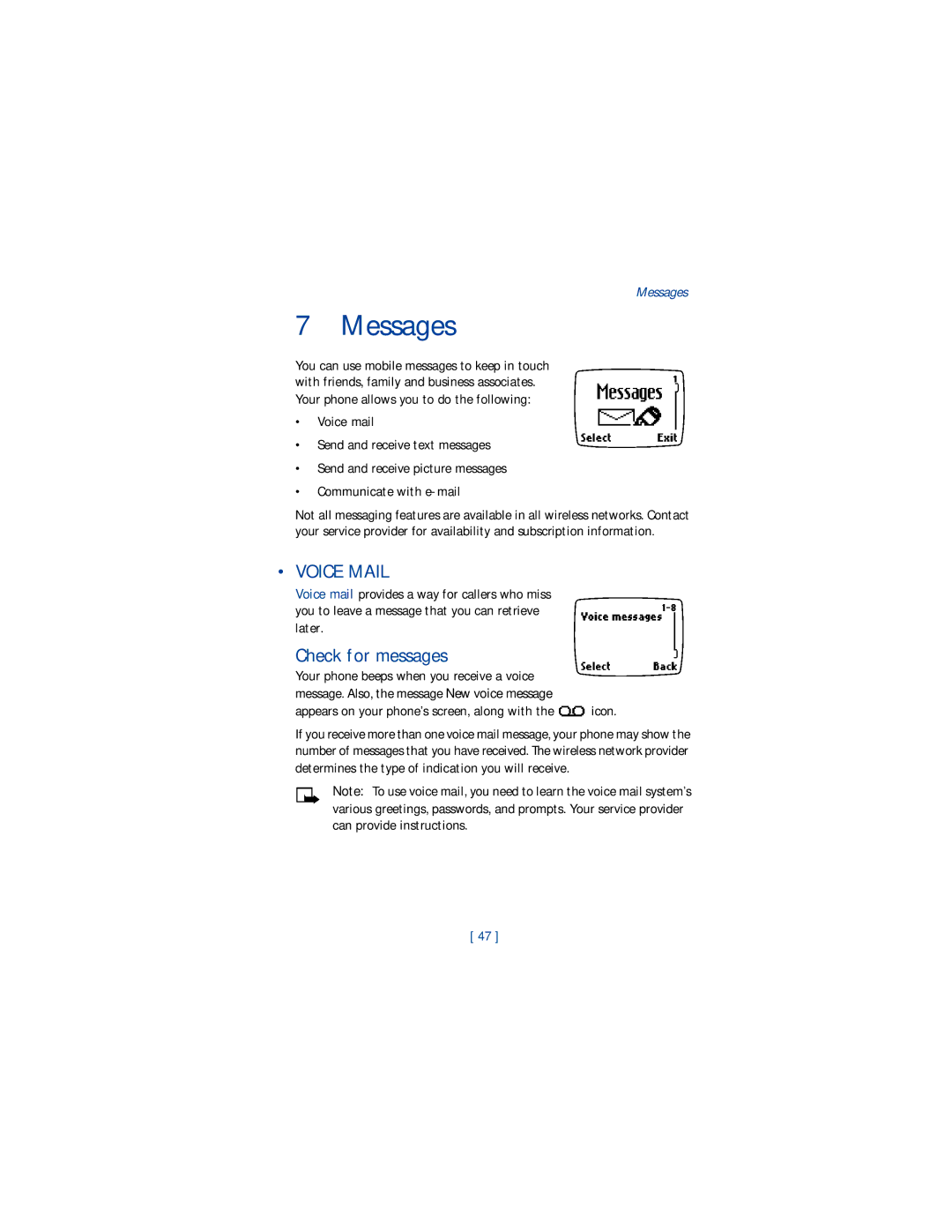 Nokia 1220 manual Messages, Voice Mail, Check for messages, Appears on your phone’s screen, along with the icon 