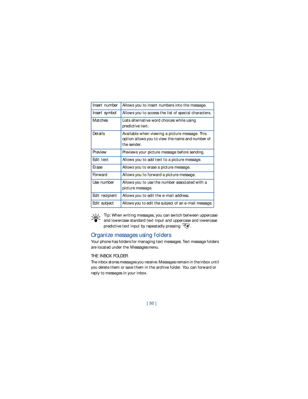 Nokia 1220 manual Organize messages using folders, Details, Predictive text input by repeatedly pressing, Inbox Folder 