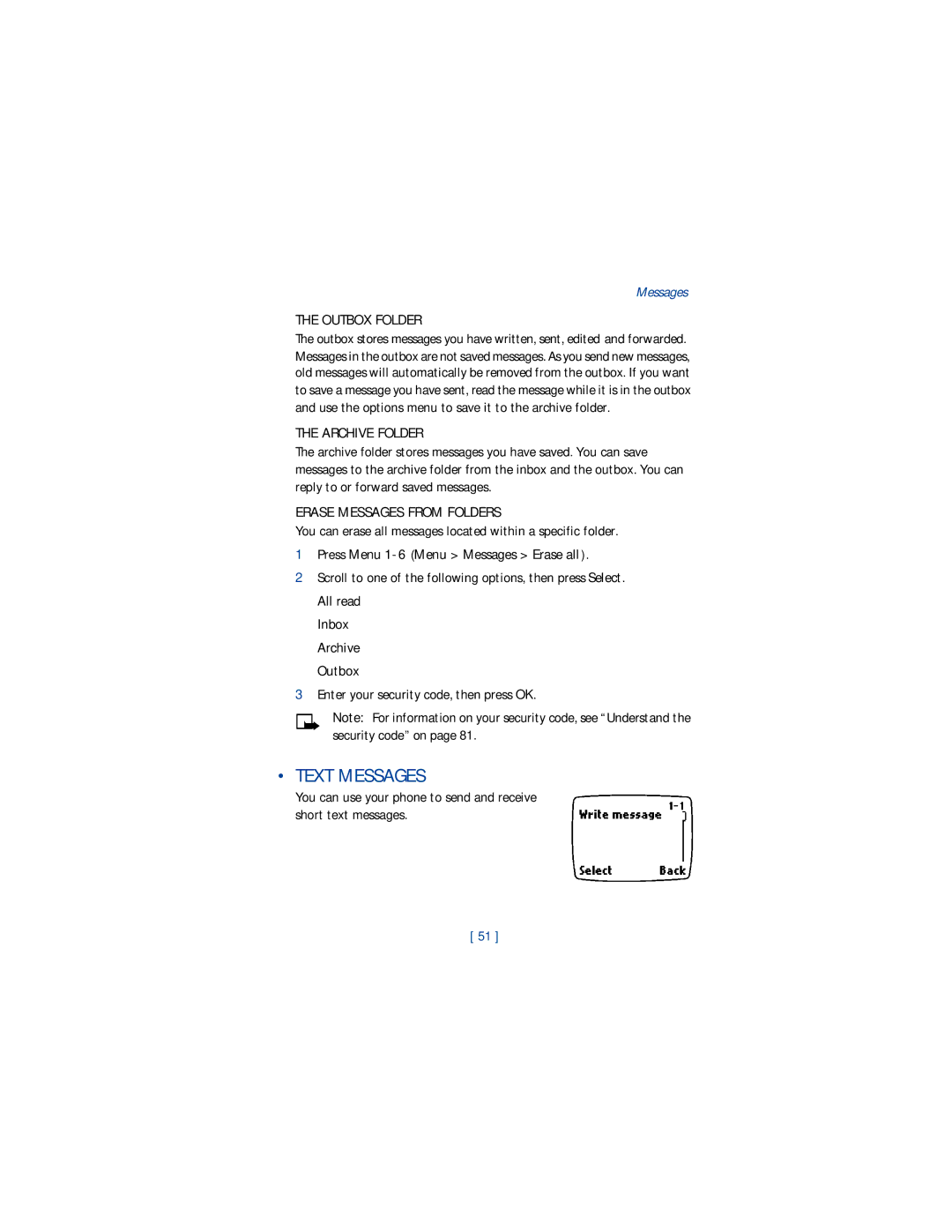 Nokia 1220 manual Text Messages, Outbox Folder, Archive Folder, Erase Messages from Folders 