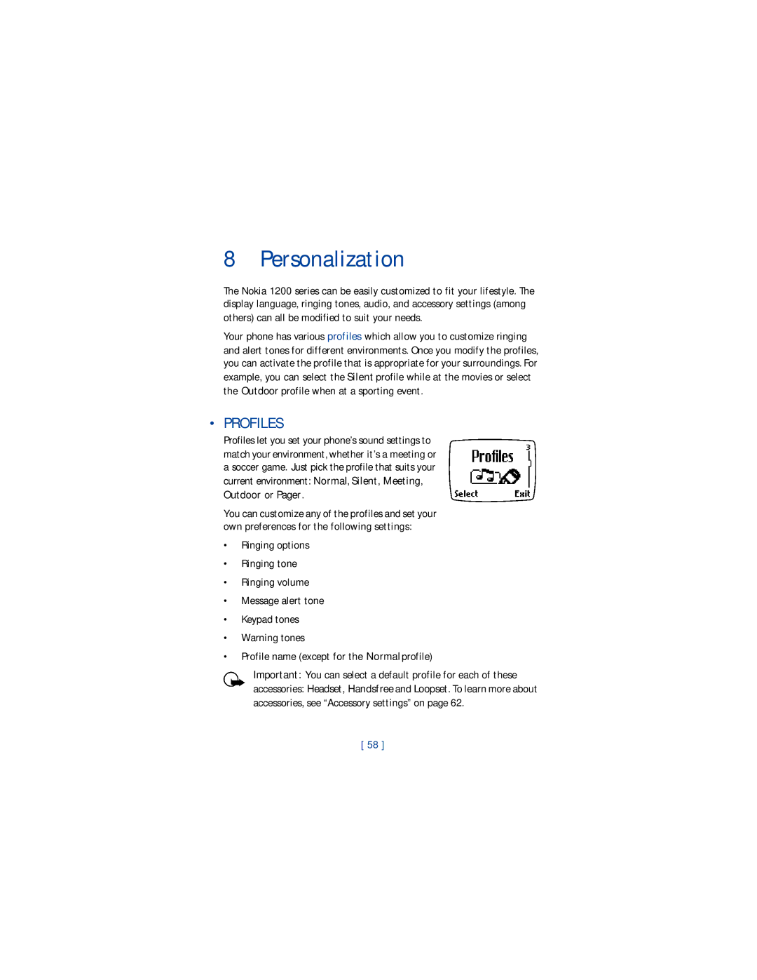 Nokia 1220 manual Personalization, Profiles 