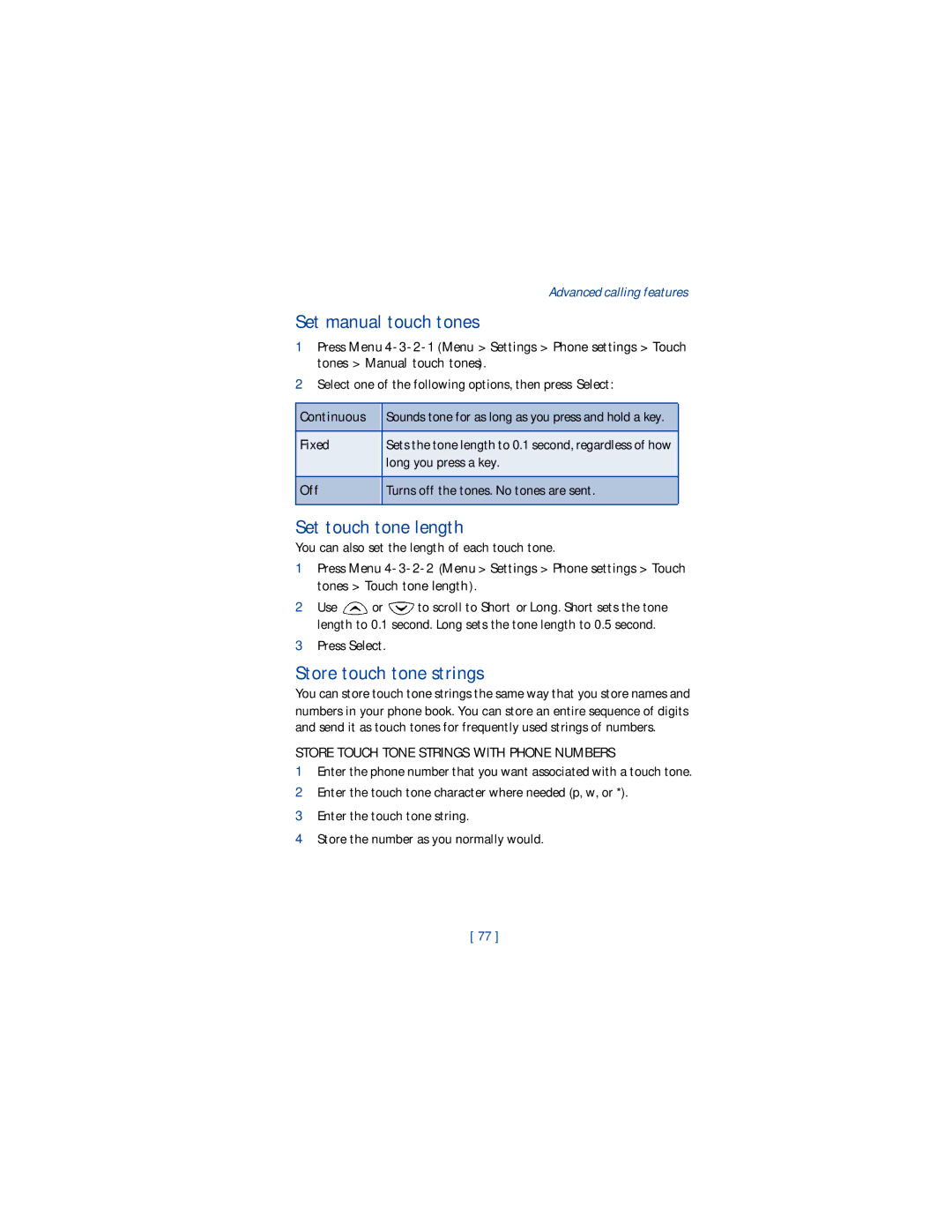 Nokia 1220 Set manual touch tones, Set touch tone length, Store touch tone strings, Continuous Fixed Off 