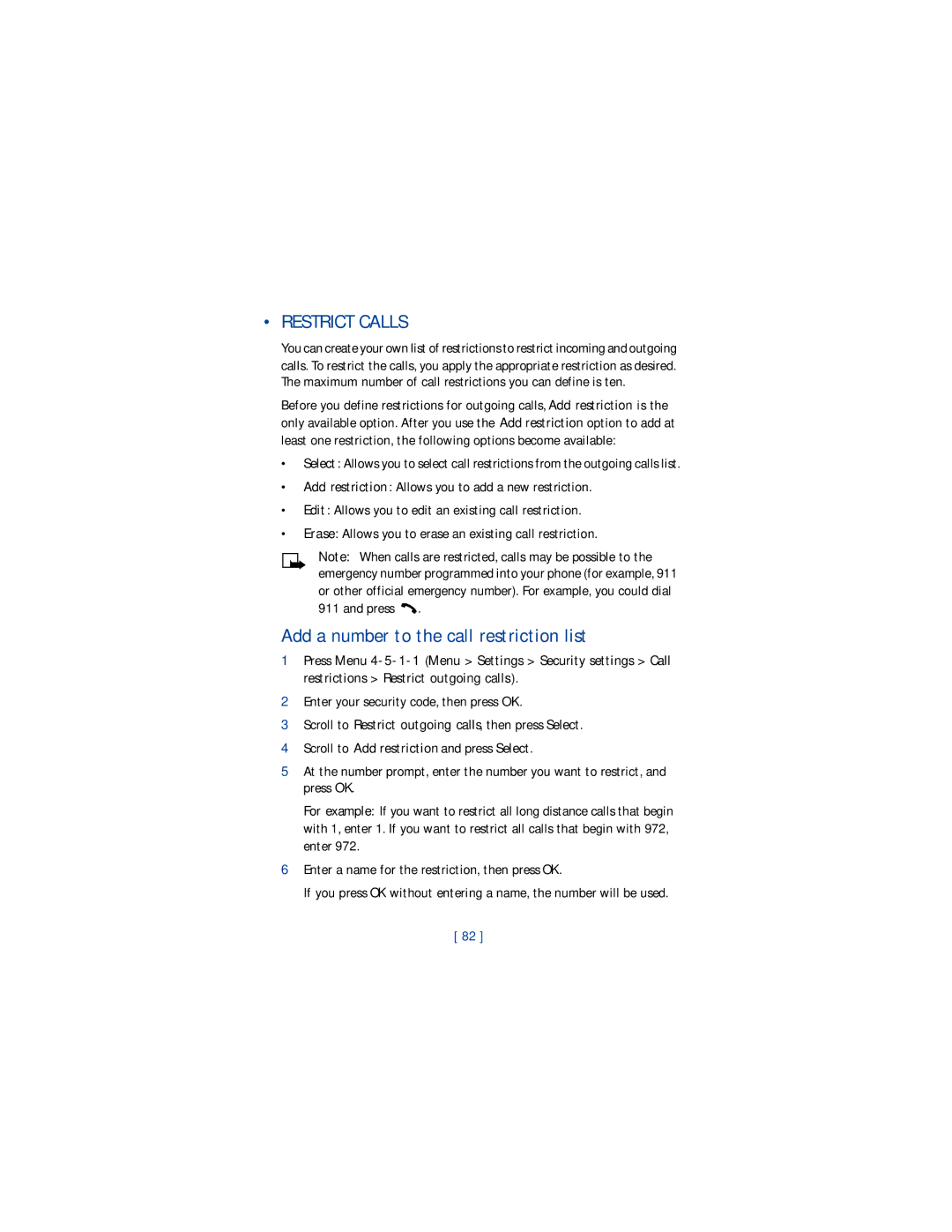 Nokia 1220 manual Restrict Calls, Add a number to the call restriction list 