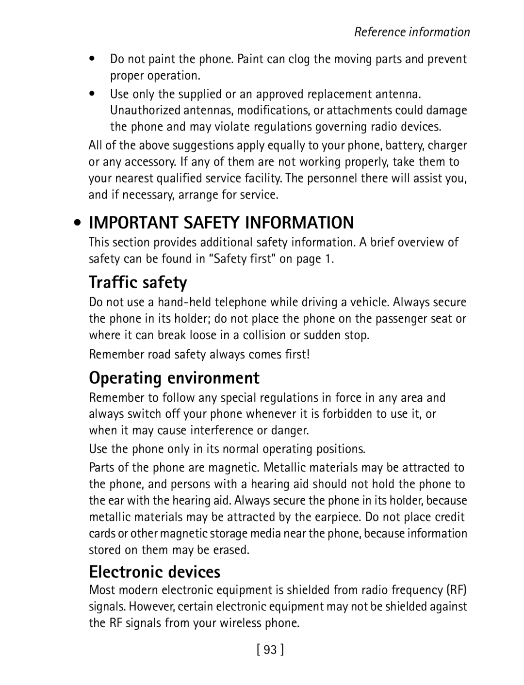 Nokia 1260 specifications Important Safety Information, Traffic safety, Operating environment, Electronic devices 