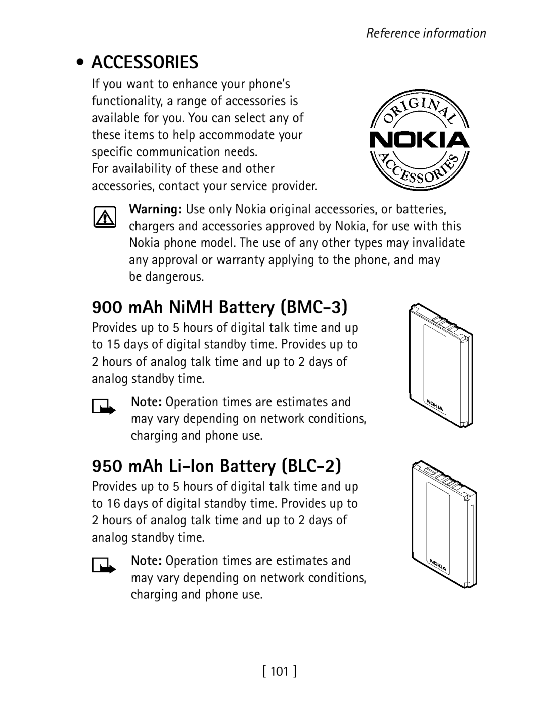 Nokia 1260 specifications Accessories, MAh NiMH Battery BMC-3, MAh Li-Ion Battery BLC-2, Be dangerous 