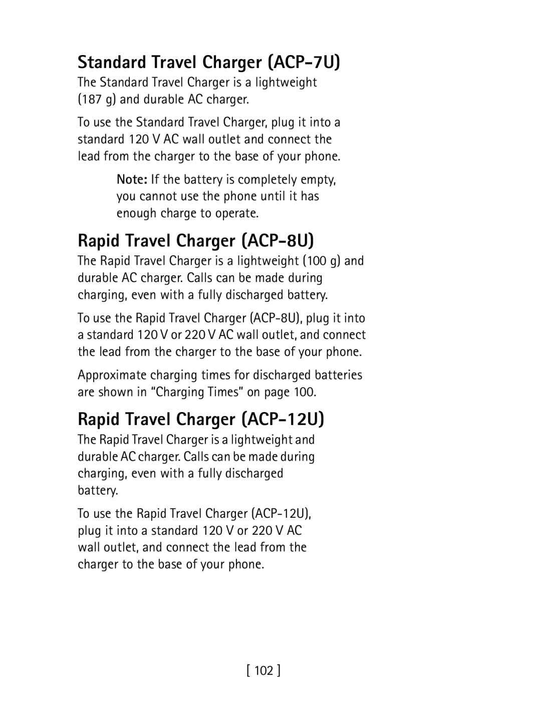 Nokia 1260 specifications Standard Travel Charger ACP-7U, Rapid Travel Charger ACP-8U, Rapid Travel Charger ACP-12U, 102 