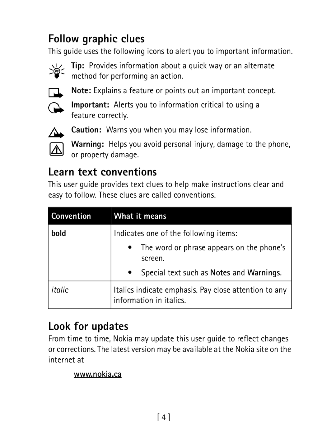 Nokia 1260 specifications Follow graphic clues, Learn text conventions, Look for updates, Bold 