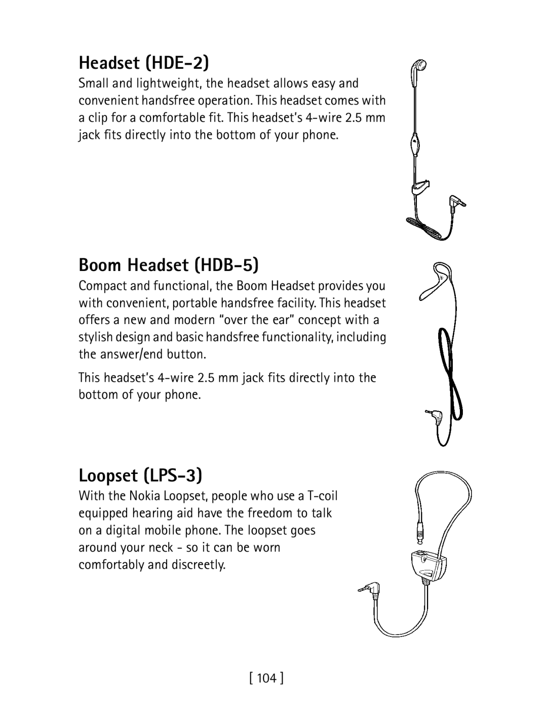 Nokia 1260 specifications Headset HDE-2, Boom Headset HDB-5, Loopset LPS-3 