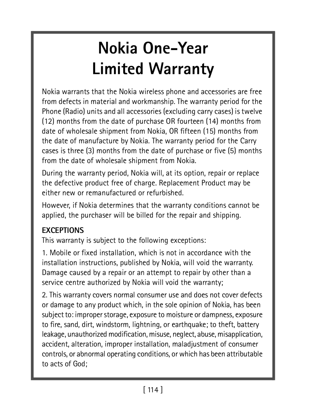 Nokia 1260 Nokia One-Year Limited Warranty, Exceptions, This warranty is subject to the following exceptions, 114 