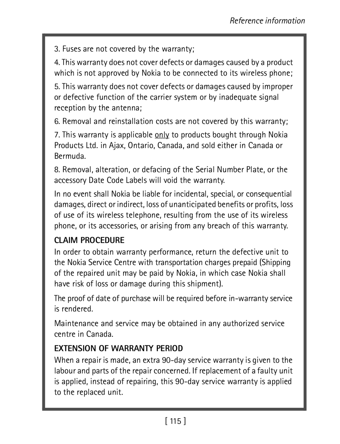 Nokia 1260 specifications Fuses are not covered by the warranty, Claim Procedure, Extension of Warranty Period 