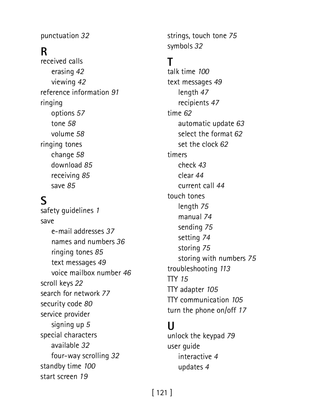 Nokia 1260 specifications Punctuation, Reference information 91 ringing, Timers check 43 clear 44 current call, 121 