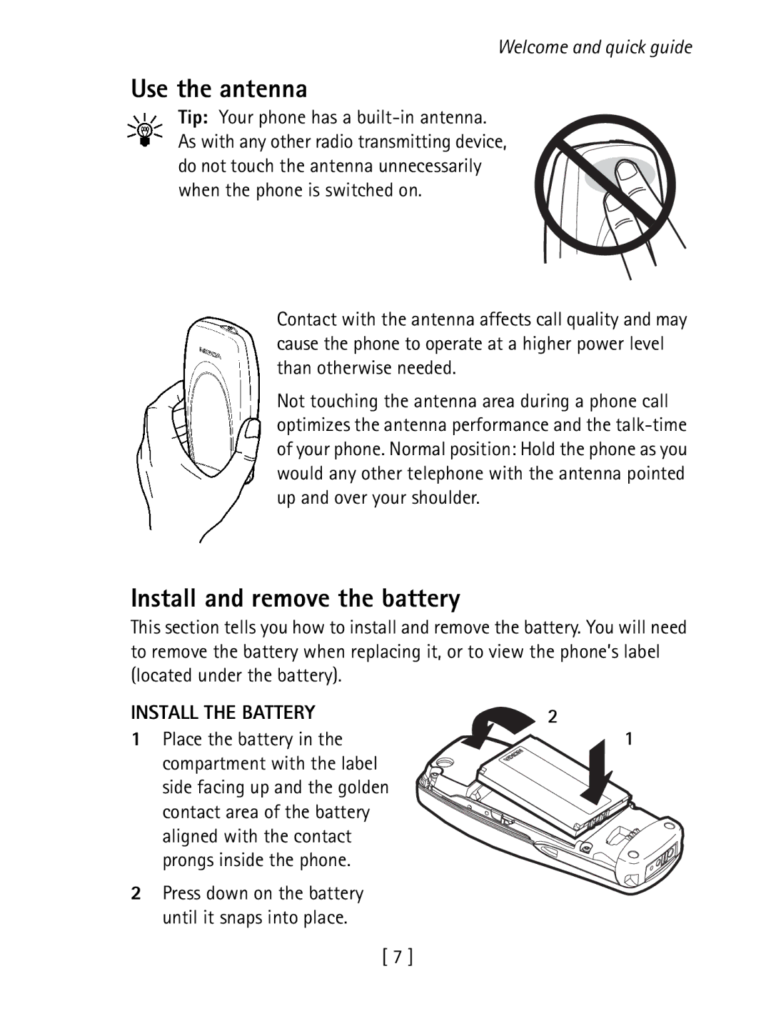 Nokia 1260 specifications Use the antenna, Install and remove the battery, Install the Battery, Place the battery 