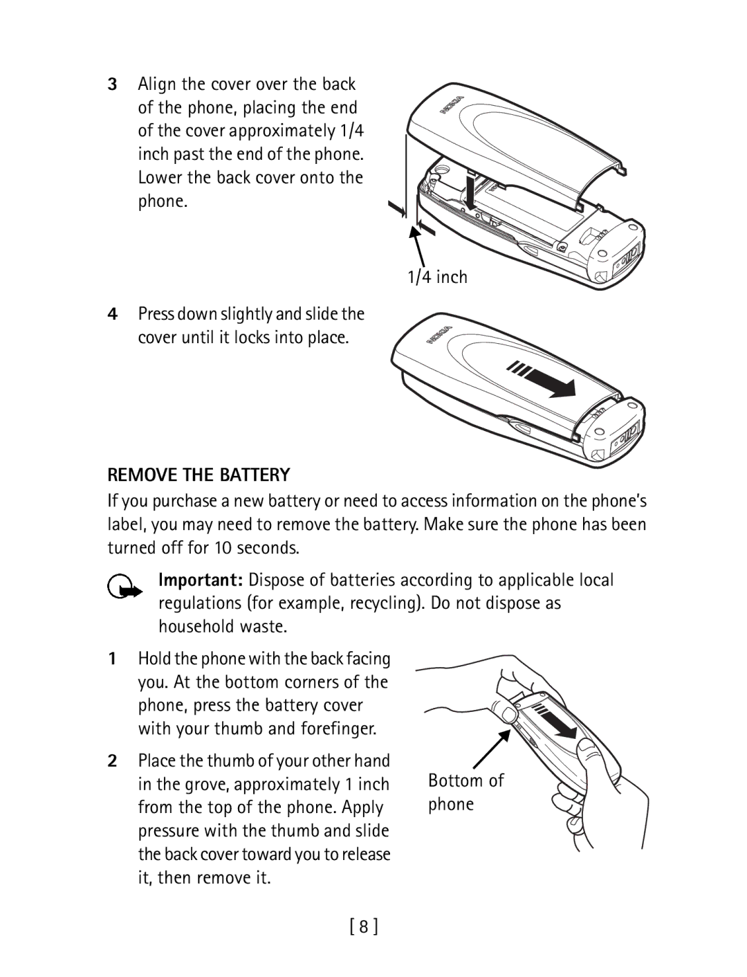 Nokia 1260 specifications Align the cover over the back, Remove the Battery, Bottom of phone 