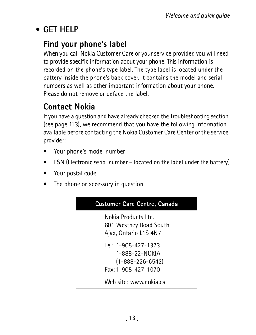 Nokia 1260 specifications GET Help, Find your phone’s label, Contact Nokia, Your postal code Phone or accessory in question 