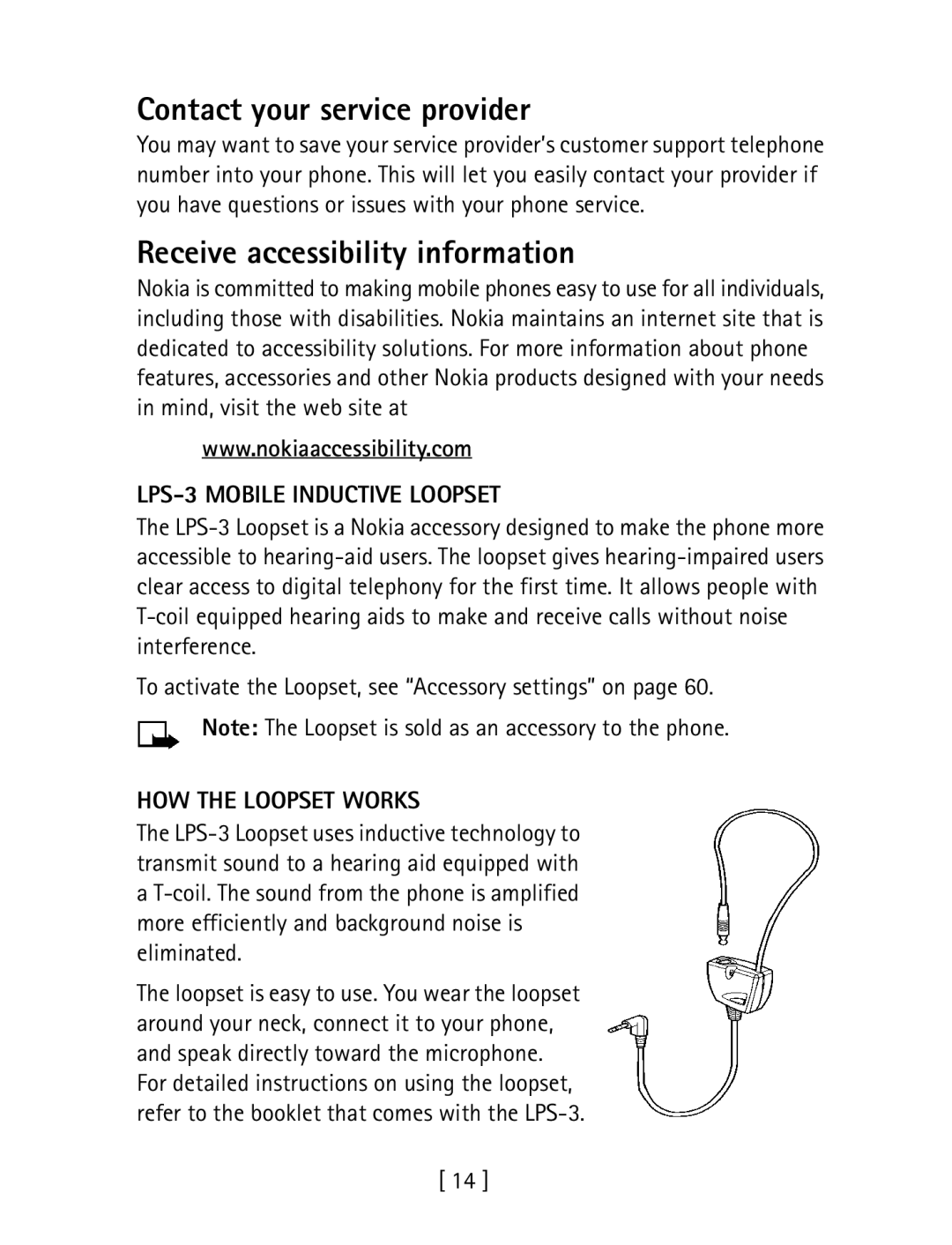 Nokia 1260 specifications Contact your service provider, Receive accessibility information, LPS-3 Mobile Inductive Loopset 