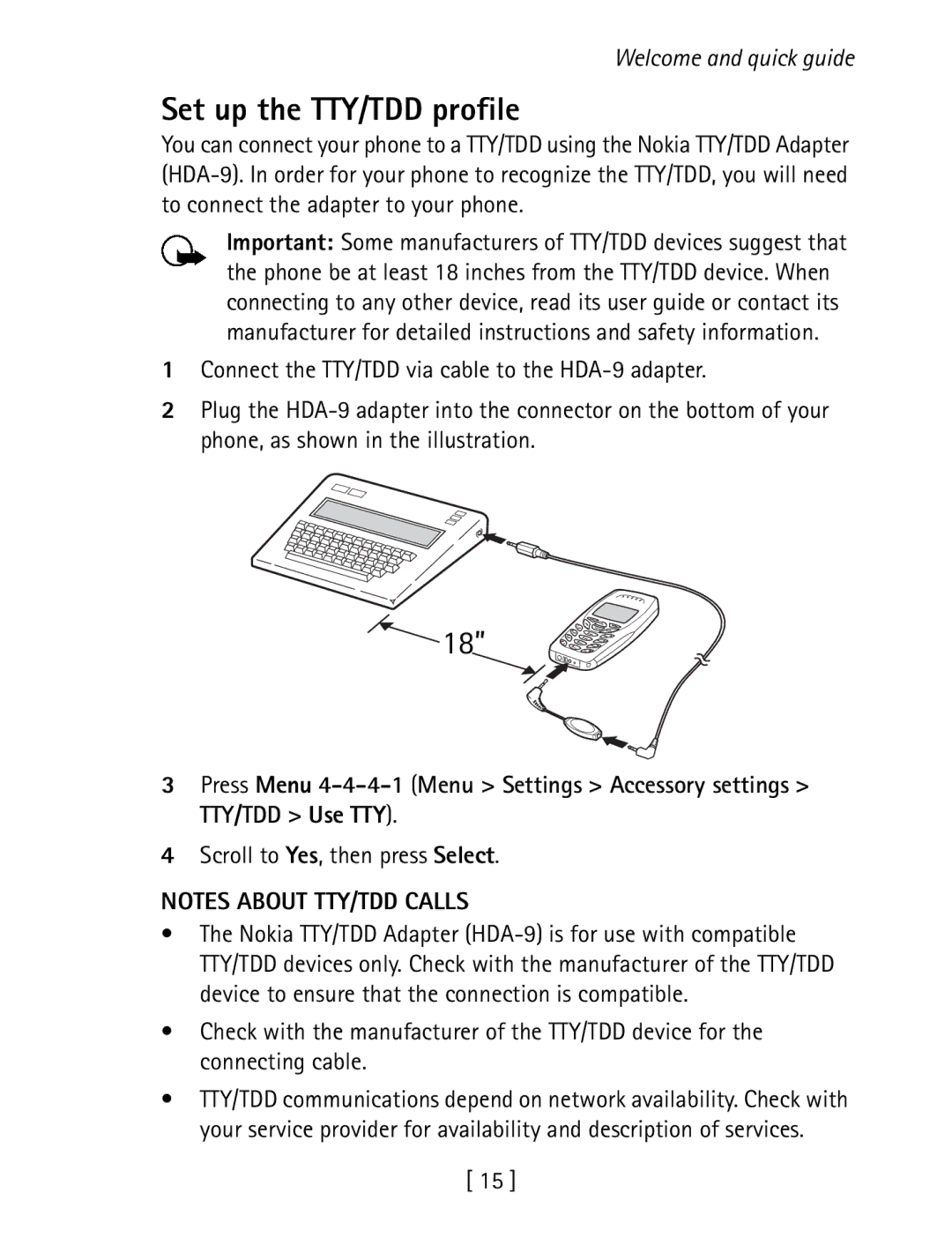 Nokia 1260 specifications Set up the TTY/TDD profile, Scroll to Yes, then press Select 