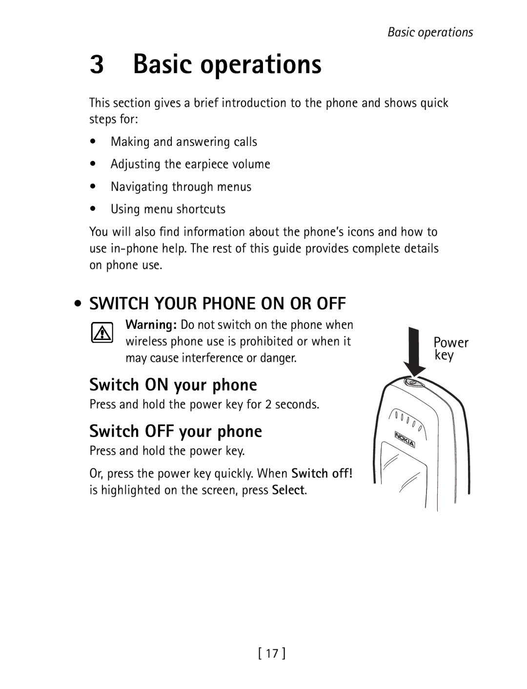 Nokia 1260 specifications Basic operations, Switch Your Phone on or OFF, Switch on your phone, Switch OFF your phone 