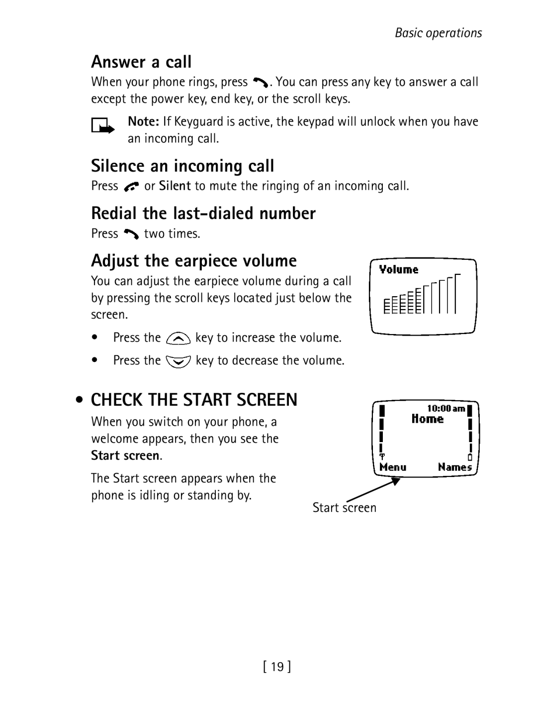 Nokia 1260 Answer a call, Silence an incoming call, Redial the last-dialed number, Adjust the earpiece volume 